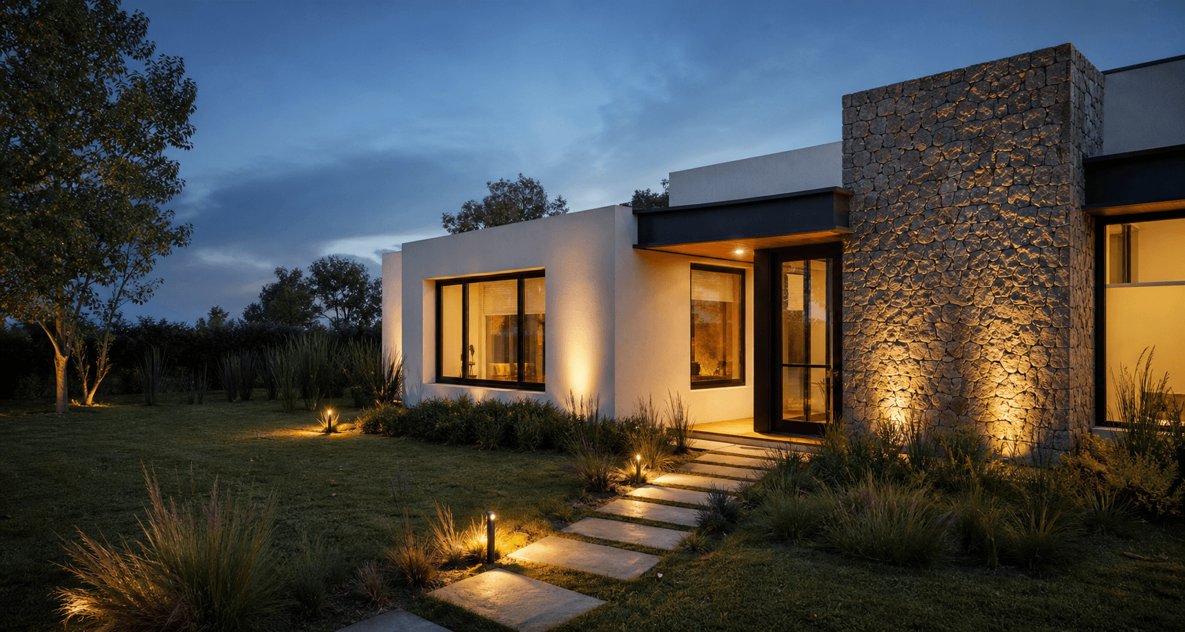 Casa moderna con jardín iluminado al atardecer